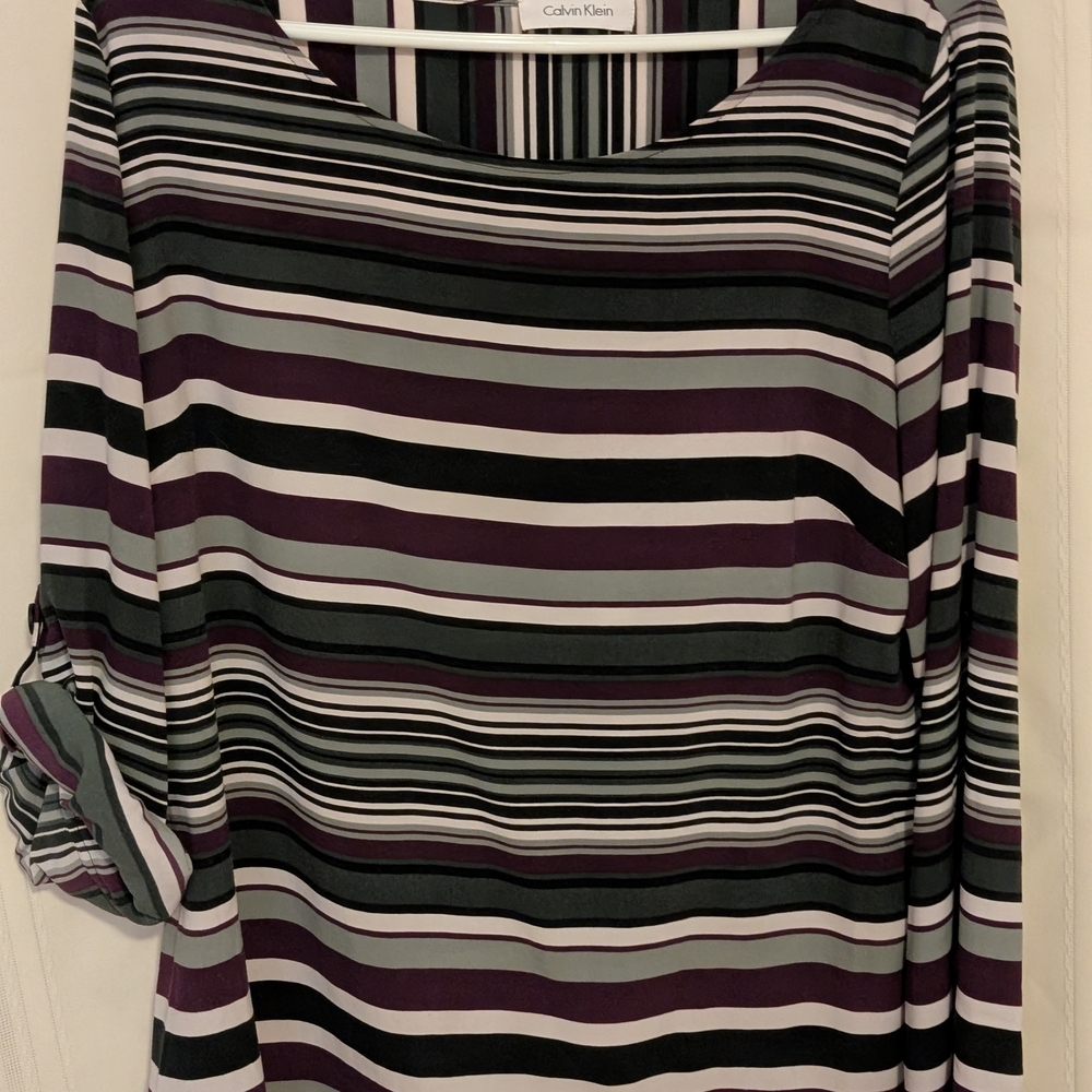 Calvin Klein Women's Striped Blouse - Purple, Black, and Gray